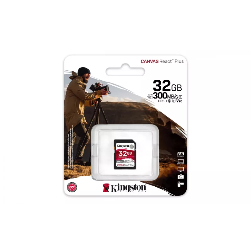 Kingston Technology 32GB Canvas React Plus SDHC UHS-II 300R/260W U3 V90 for Full HD/4K/8K
