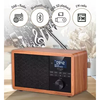Portable radio Adler AD 1184 with DAB+/FM/AM digital tuner, Bluetooth 5.0, 15W, SD/USB, alarm clock, black/wood