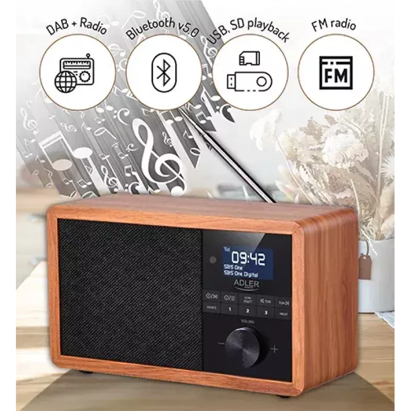 Portable radio Adler AD 1184 with DAB+/FM/AM digital tuner, Bluetooth 5.0, 15W, SD/USB, alarm clock, black/wood