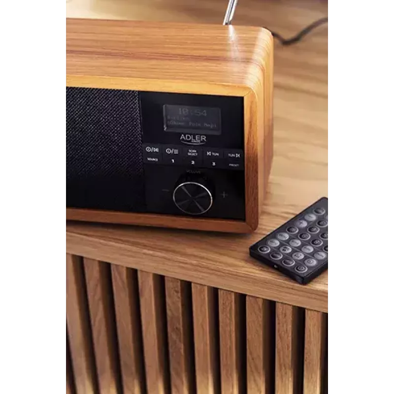 Portable radio Adler AD 1184 with DAB+/FM/AM digital tuner, Bluetooth 5.0, 15W, SD/USB, alarm clock, black/wood