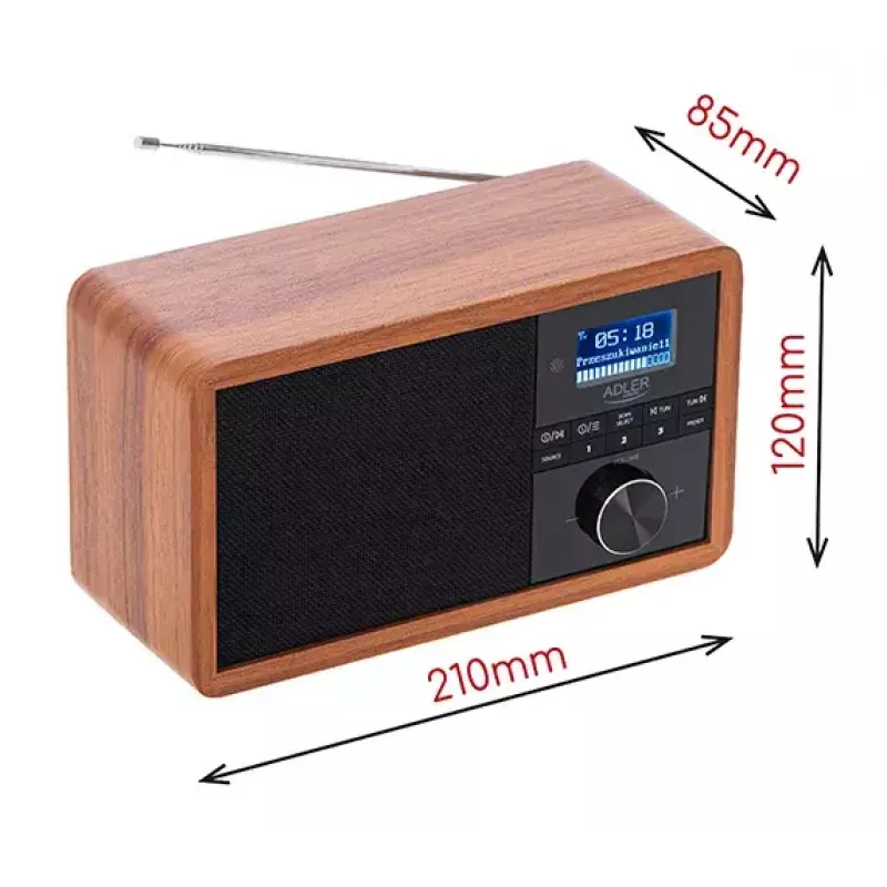 Portable radio Adler AD 1184 with DAB+/FM/AM digital tuner, Bluetooth 5.0, 15W, SD/USB, alarm clock, black/wood