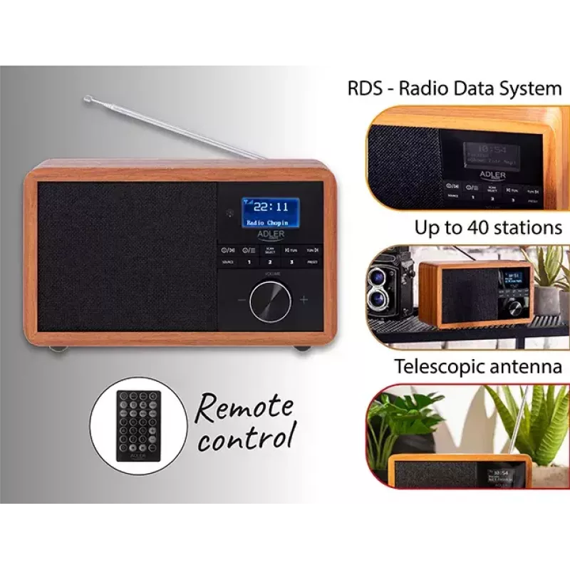 Portable radio Adler AD 1184 with DAB+/FM/AM digital tuner, Bluetooth 5.0, 15W, SD/USB, alarm clock, black/wood