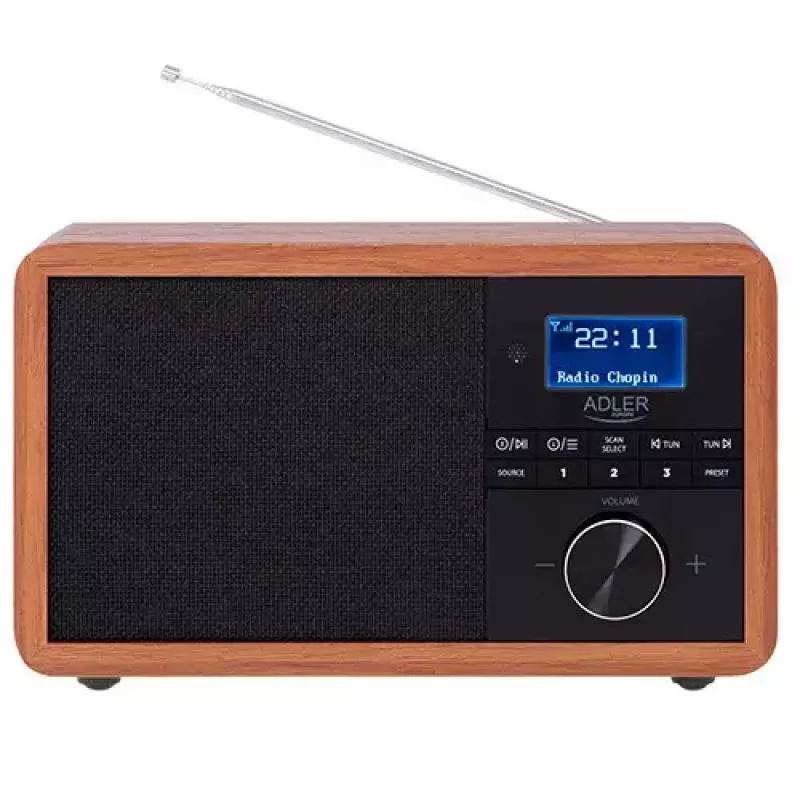 Portable radio Adler AD 1184 with DAB+/FM/AM digital tuner, Bluetooth 5.0, 15W, SD/USB, alarm clock, black/wood