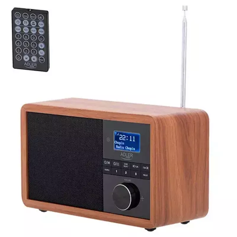 Portable radio Adler AD 1184 with DAB+/FM/AM digital tuner, Bluetooth 5.0, 15W, SD/USB, alarm clock, black/wood