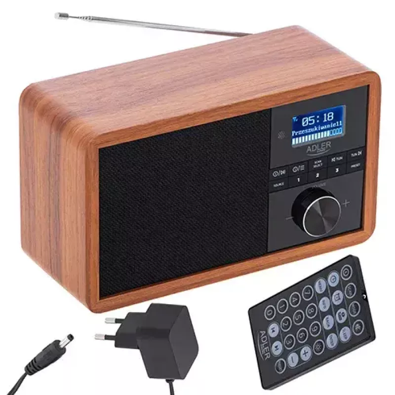 Portable radio Adler AD 1184 with DAB+/FM/AM digital tuner, Bluetooth 5.0, 15W, SD/USB, alarm clock, black/wood