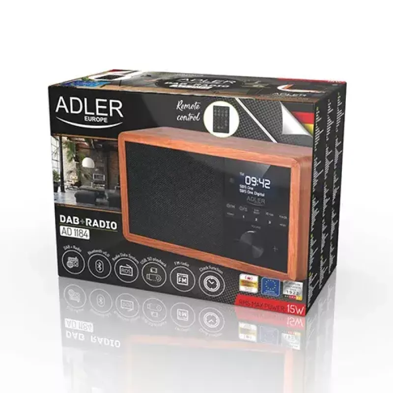 Portable radio Adler AD 1184 with DAB+/FM/AM digital tuner, Bluetooth 5.0, 15W, SD/USB, alarm clock, black/wood