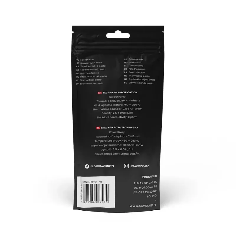 Thermal paste SAVIO TG-01, 4.7 W/m·K, 10 g, density 2.5 g/cm³, operating −50–250 °C