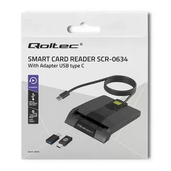 Card reader QOLTEC 50634 USB Type-C, ABS housing, 90×69 mm, 1.0 m cable, black