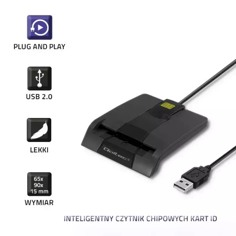 Card reader QOLTEC 50634 USB Type-C, ABS housing, 90×69 mm, 1.0 m cable, black