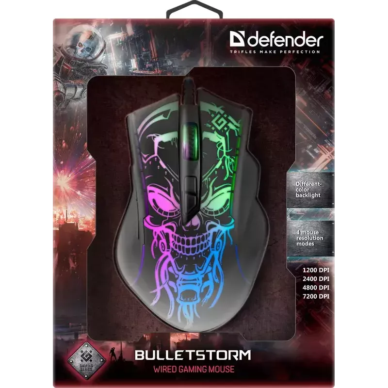 Gaming mouse DEFENDER BULLETSTORM GM-928 — optical, 7200 DPI, ambidextrous, 6–7 buttons, USB Type-A, black