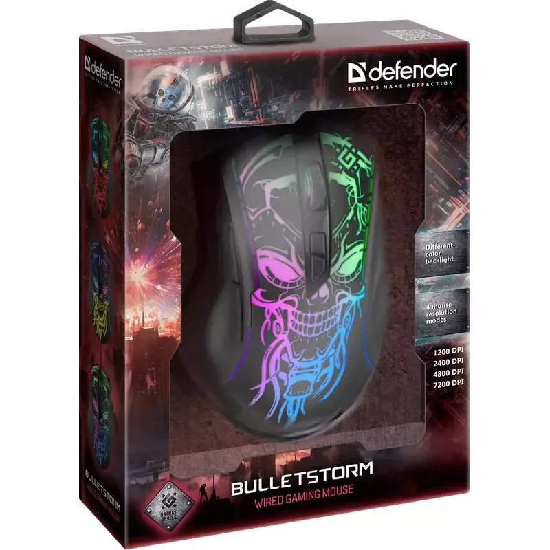 Gaming mouse DEFENDER BULLETSTORM GM-928 — optical, 7200 DPI, ambidextrous, 6–7 buttons, USB Type-A, black
