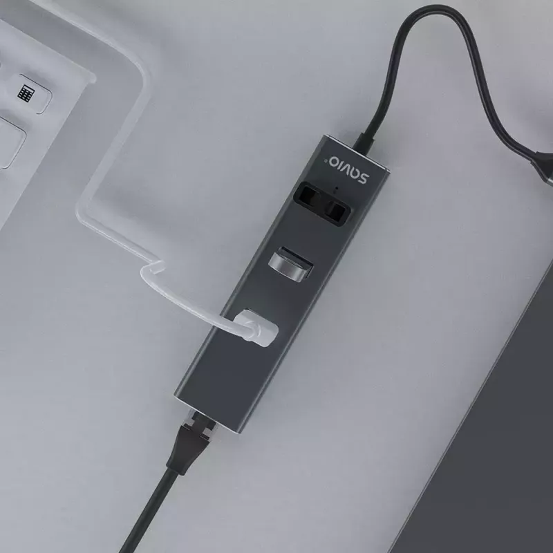 USB-C hub SAVIO AK-57 with 3× USB-A, RJ-45 Gigabit Ethernet (5000 Mbit/s), aluminium grey