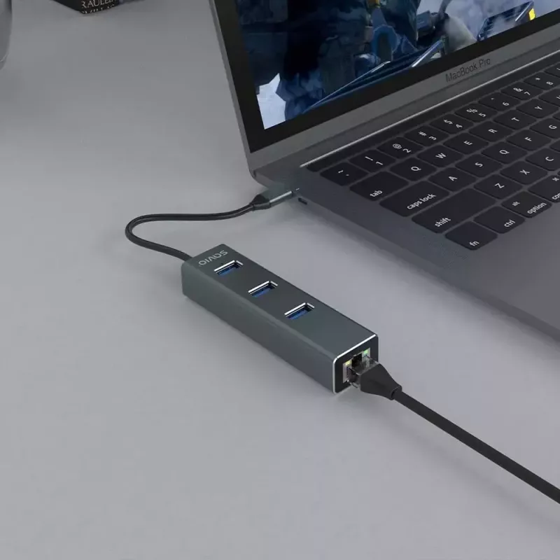 USB-C hub SAVIO AK-57 with 3× USB-A, RJ-45 Gigabit Ethernet (5000 Mbit/s), aluminium grey