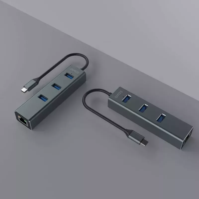 USB-C hub SAVIO AK-57 with 3× USB-A, RJ-45 Gigabit Ethernet (5000 Mbit/s), aluminium grey