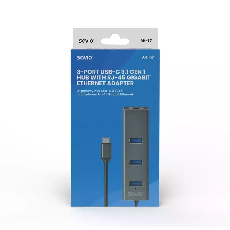 USB-C hub SAVIO AK-57 with 3× USB-A, RJ-45 Gigabit Ethernet (5000 Mbit/s), aluminium grey