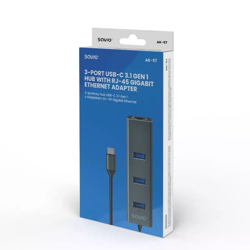 USB-C hub SAVIO AK-57 with 3× USB-A, RJ-45 Gigabit Ethernet (5000 Mbit/s), aluminium grey
