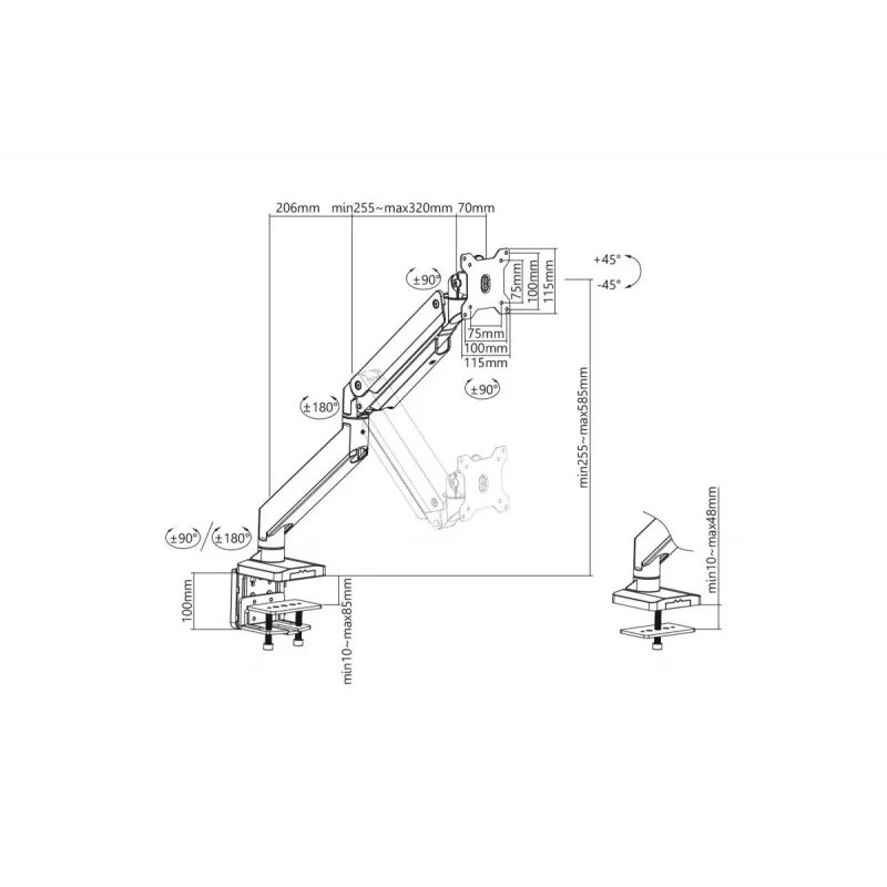 DIGITUS Single Gas Spring Monitor Desk Mount 35in, 15 kg max. black
