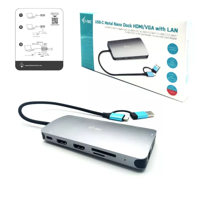 i-tec USB 3.0 USB-C/Thunderbolt 3x Display Metal Nano Dock with LAN + Power Delivery 100 W