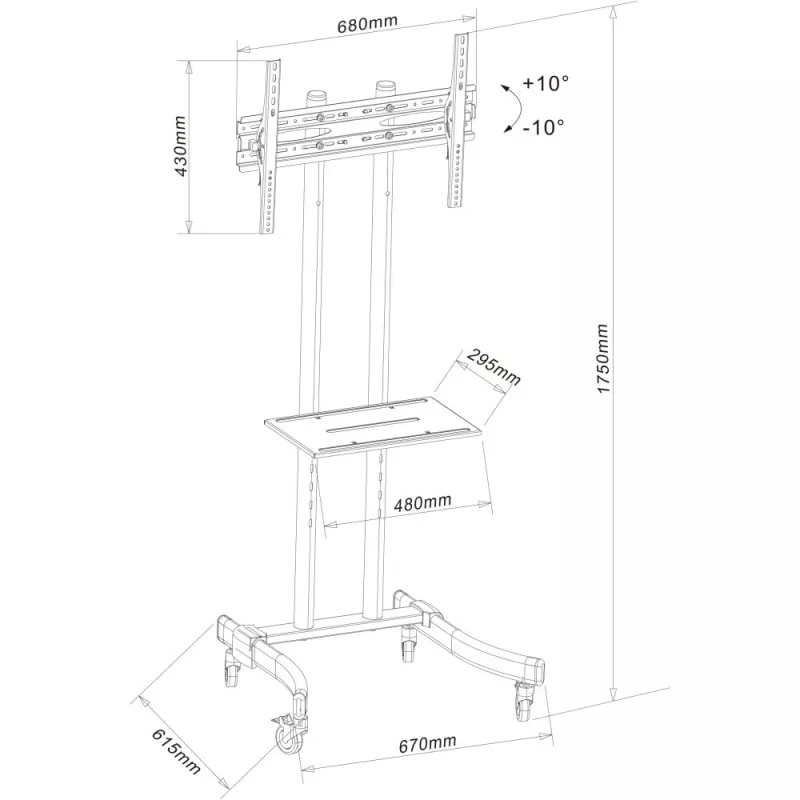 Techly ICA-TR23 Mobile TV Stand/Trolley, 32-70 inch, 40 kg, with Shelf