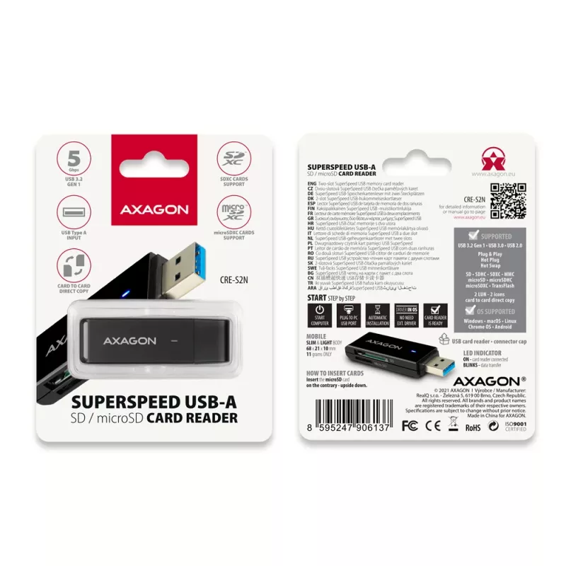 Card Reader Axagon CRE-S2N USB 3.2 Gen 1 Type-A Black