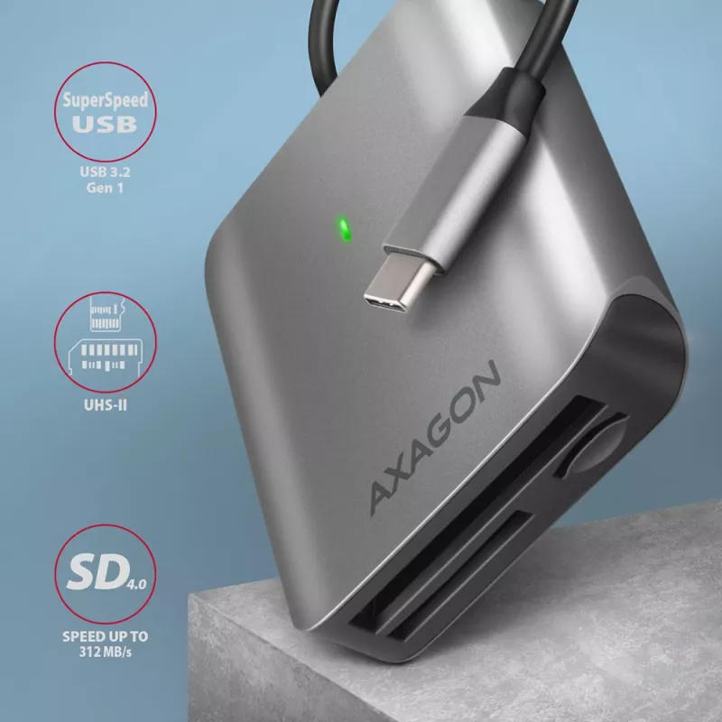 Axagon CRE-S3C Aluminum high-speed USB-C 3.2 Gen 1 memory card reader. 3 slots, UHS-II