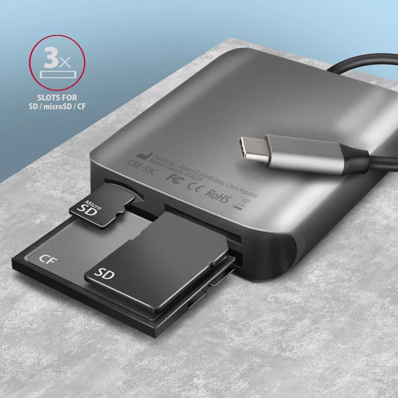 Axagon CRE-S3C Aluminum high-speed USB-C 3.2 Gen 1 memory card reader. 3 slots, UHS-II