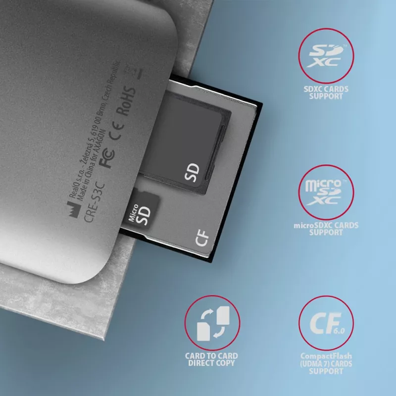 Axagon CRE-S3C Aluminum high-speed USB-C 3.2 Gen 1 memory card reader. 3 slots, UHS-II