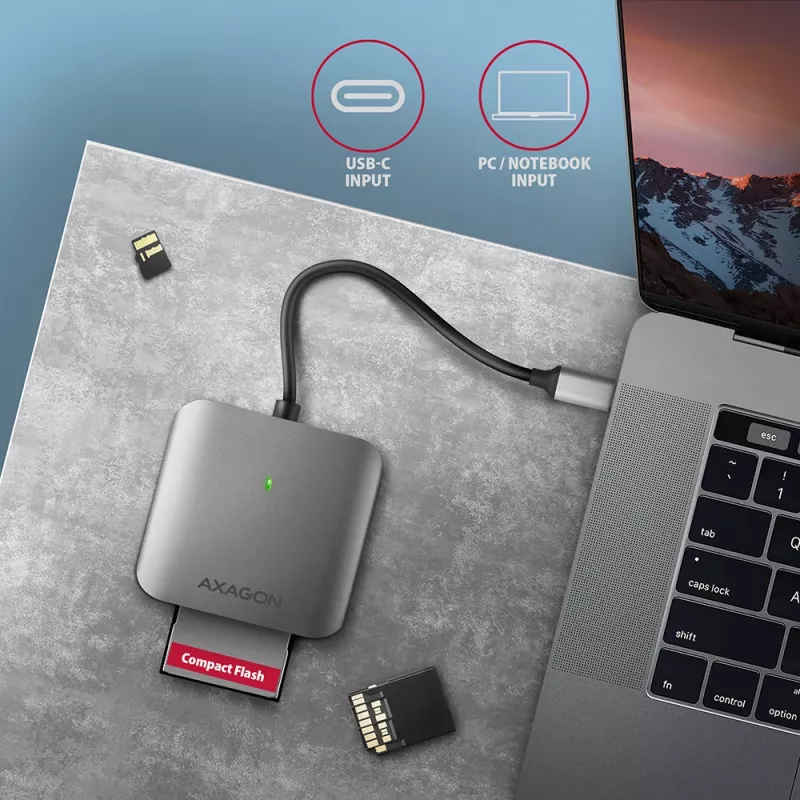 Axagon CRE-S3C Aluminum high-speed USB-C 3.2 Gen 1 memory card reader. 3 slots, UHS-II