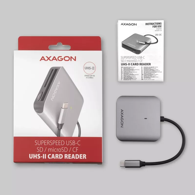 Axagon CRE-S3C Aluminum high-speed USB-C 3.2 Gen 1 memory card reader. 3 slots, UHS-II