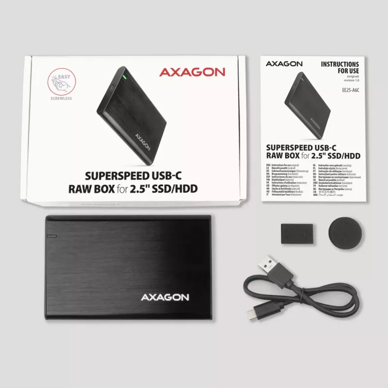 2.5 inch HDD/SSD enclosure AXAGON EE25-A6C — SATA, USB 3.2 Gen 1 (Type-C & Type-A), aluminium, black