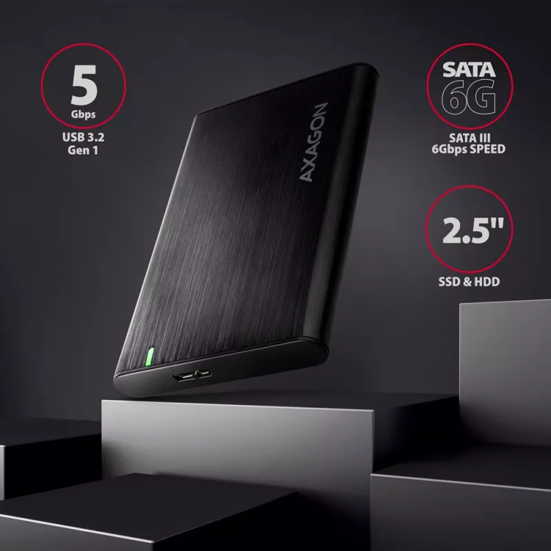 HDD/SSD enclosure AXAGON EE25-A6M — 2.5 inch SATA, USB 3.2 Gen 1 (5 Gbit/s), Micro-USB B to USB Type-A, aluminium, black
