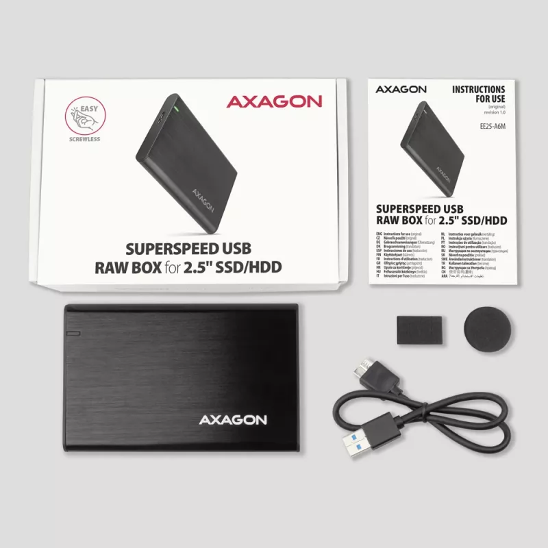 HDD/SSD enclosure AXAGON EE25-A6M — 2.5 inch SATA, USB 3.2 Gen 1 (5 Gbit/s), Micro-USB B to USB Type-A, aluminium, black