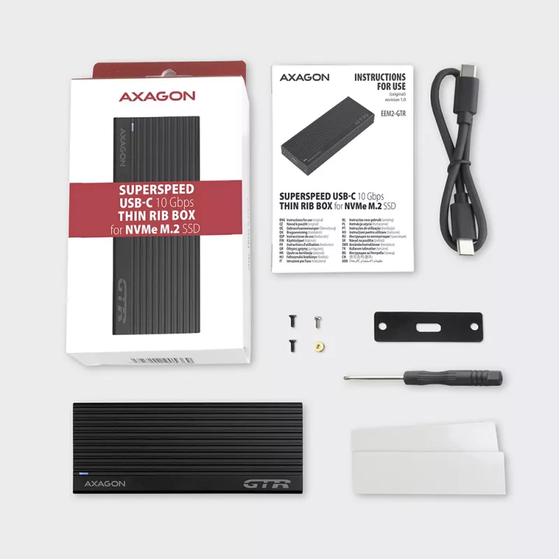 Axagon EEM2-GTR External USB-C 3.2 Gen 2 metal box for M.2 NVMe SSDs