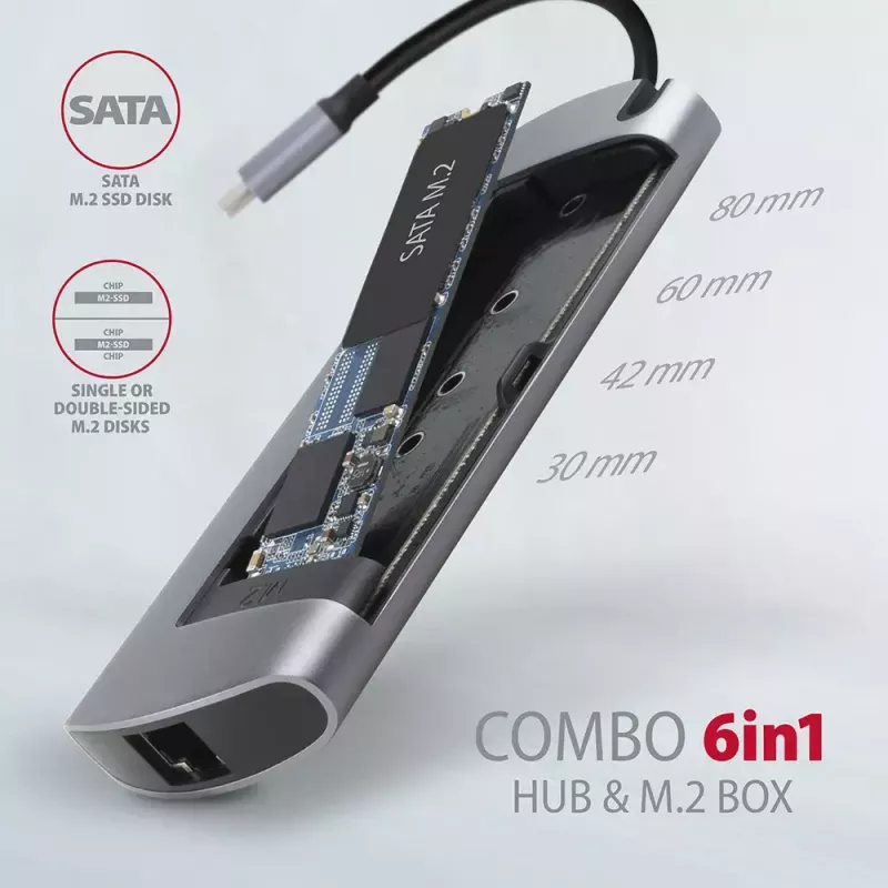 Axagon HMC-6M2 USB 3.2 Gen 1 hub, 2x USB-A, HDMI, RJ-45, SATA M.2, PD 100W, USB-C cable