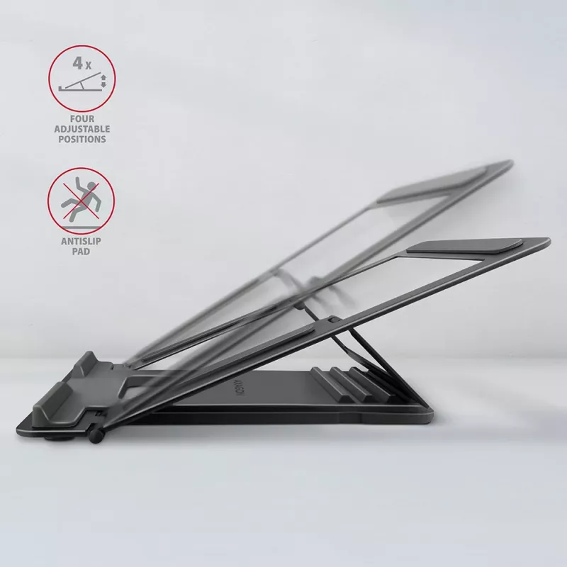Axagon STND-L Aluminum stand for laptops size 10 inch–17.3 inch. Eight adjustable height and angle. Grey version.