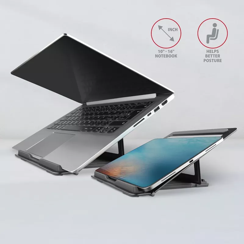 Axagon STND-L Aluminum stand for laptops size 10 inch–17.3 inch. Eight adjustable height and angle. Grey version.