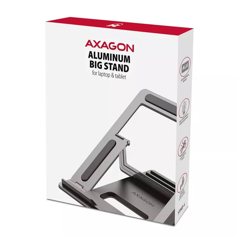 Axagon STND-L Aluminum stand for laptops size 10 inch–17.3 inch. Eight adjustable height and angle. Grey version.