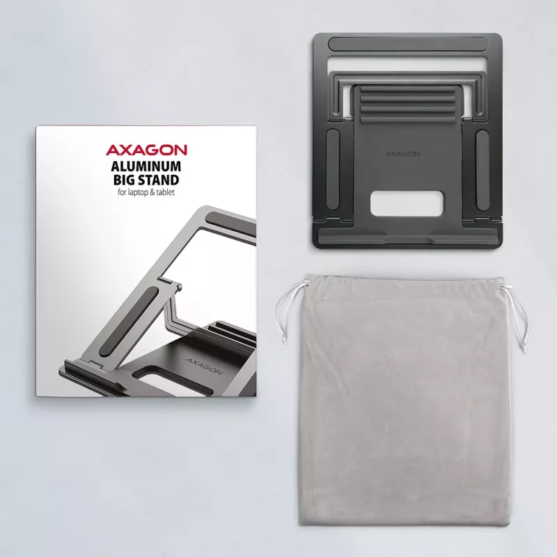 Axagon STND-L Aluminum stand for laptops size 10 inch–17.3 inch. Eight adjustable height and angle. Grey version.