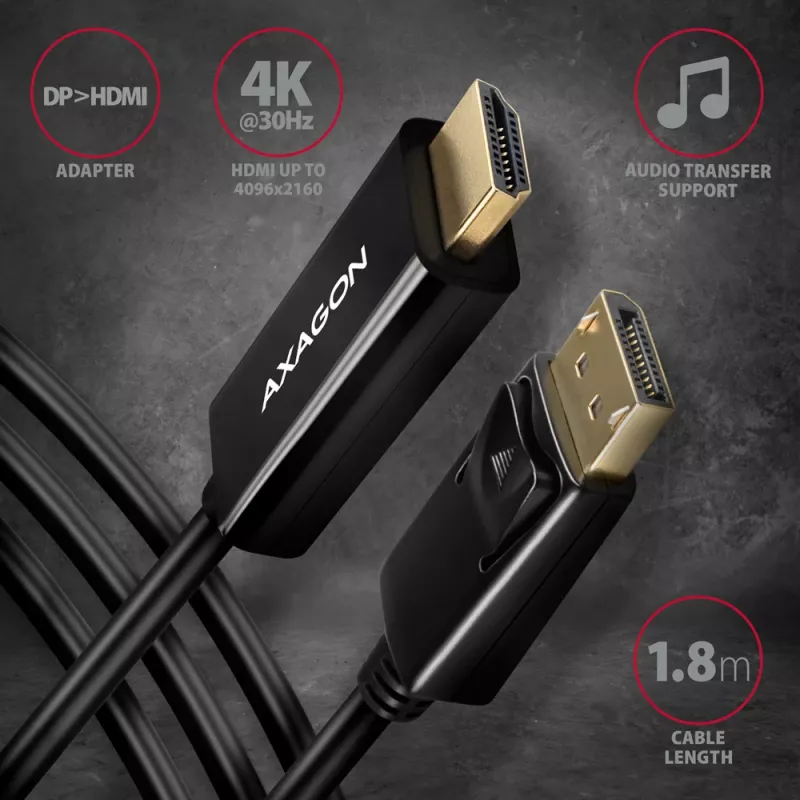 Axagon RVD-HI14C2 DisplayPort -> HDMI 1.4 cable 1.8m, 4K/30Hz