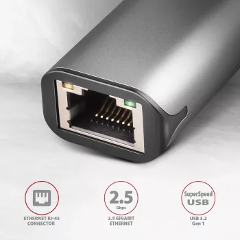 2.5 Gigabit Ethernet adapter AXAGON ADE-25R — USB Type-C, 10/100/1000/2500 Mbit, 5000 Mbit/s, aluminium, grey