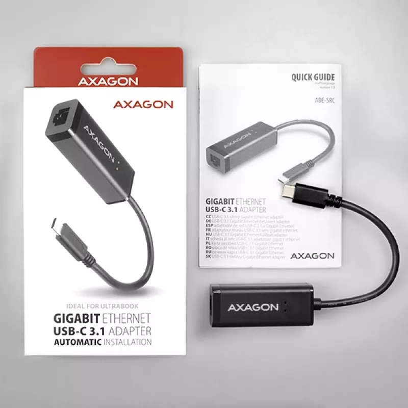 Axagon ADE-SRC USB-C gigabit ethernet adapter, Wired, USB Type-C, Ethernet, 1000 Mbit/s, Black