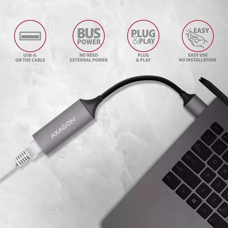 AXAGON USB 3.2 Gen 1 Type-A to Gigabit Ethernet adapter ADE-TR — 10/100/1000 Mbps, metal titan grey, 5000 Mbit/s