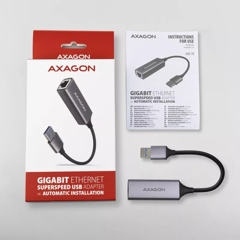 AXAGON USB 3.2 Gen 1 Type-A to Gigabit Ethernet adapter ADE-TR — 10/100/1000 Mbps, metal titan grey, 5000 Mbit/s
