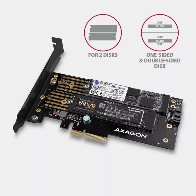 Axagon PCEM2-D PCIe x4 - M.2 NVMe M-key + SATA B-key slot adapter w. SP & LP