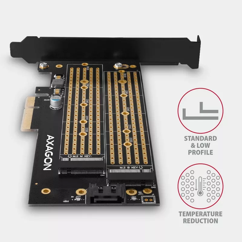 Axagon PCEM2-D PCIe x4 - M.2 NVMe M-key + SATA B-key slot adapter w. SP & LP