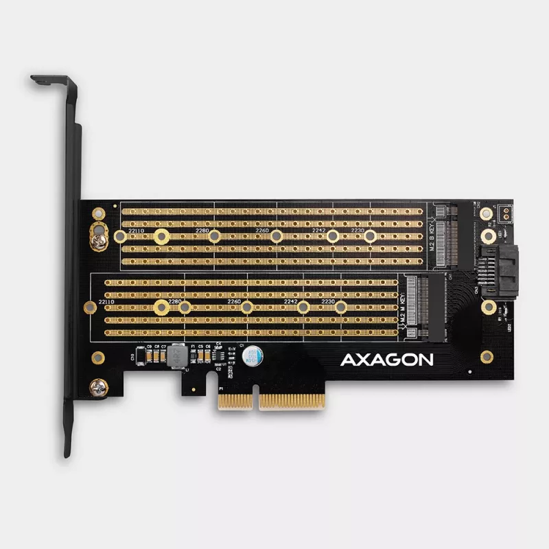 Axagon PCEM2-D PCIe x4 - M.2 NVMe M-key + SATA B-key slot adapter w. SP & LP