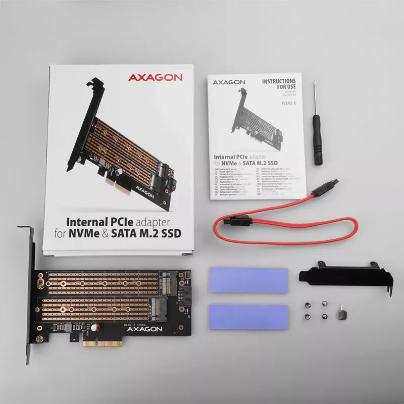 Axagon PCEM2-D PCIe x4 - M.2 NVMe M-key + SATA B-key slot adapter w. SP & LP