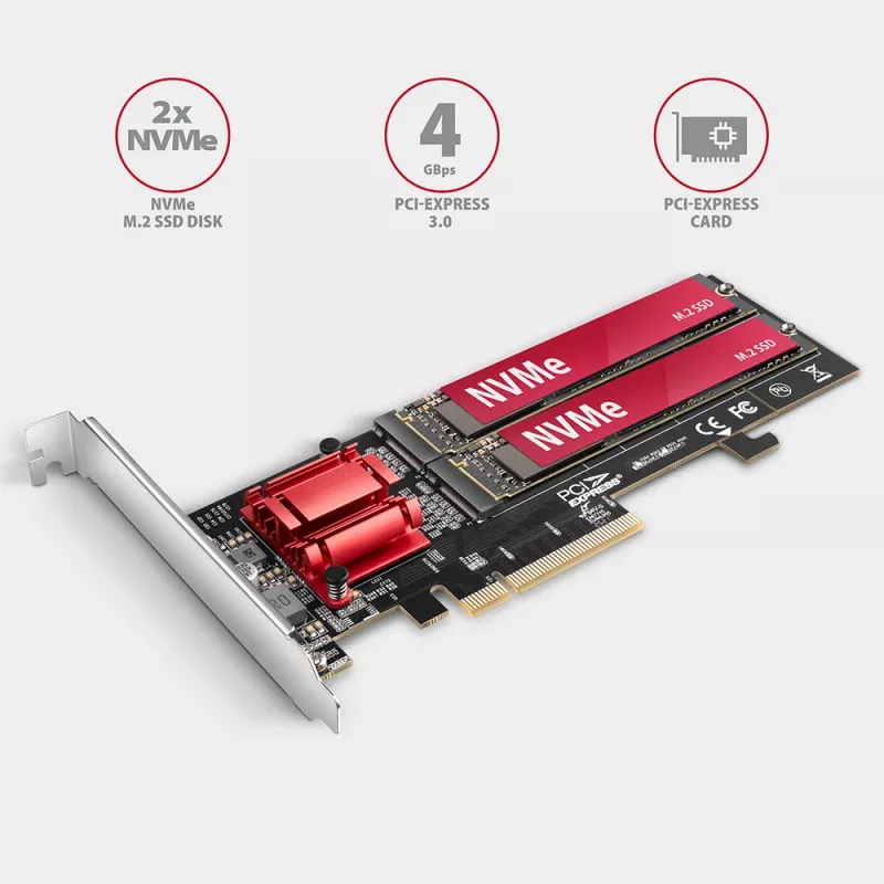Axagon PCEM2-ND PCIe x8 - dual M.2 NVMe M-key slot adapter, RAID, dataswitch, w. SP & LP