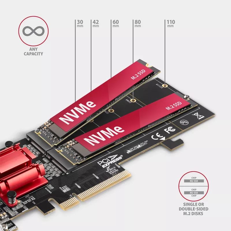 Axagon PCEM2-ND PCIe x8 - dual M.2 NVMe M-key slot adapter, RAID, dataswitch, w. SP & LP