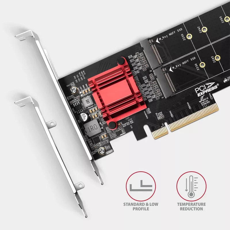 Axagon PCEM2-ND PCIe x8 - dual M.2 NVMe M-key slot adapter, RAID, dataswitch, w. SP & LP